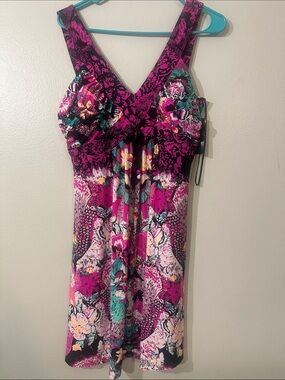 NWT 2000’s style Style&co. Vibrant Floral V-Neck Sundress - Pink & Teal Sz M